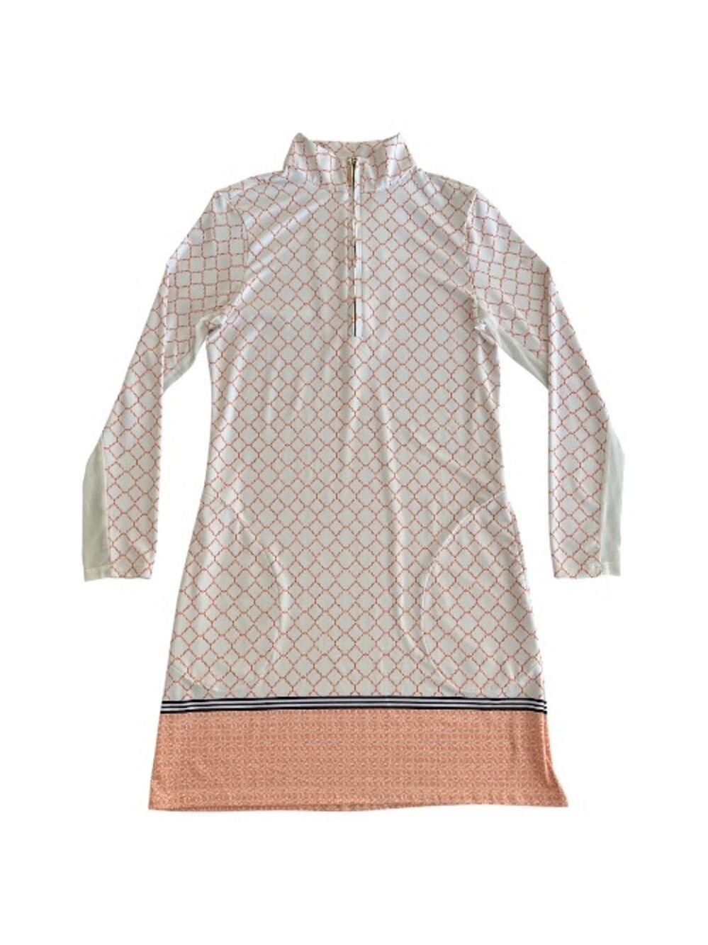 Cabana Life White Geometric Long Sleeve Beach Dress with Coral Hem - Picture 2 of 8